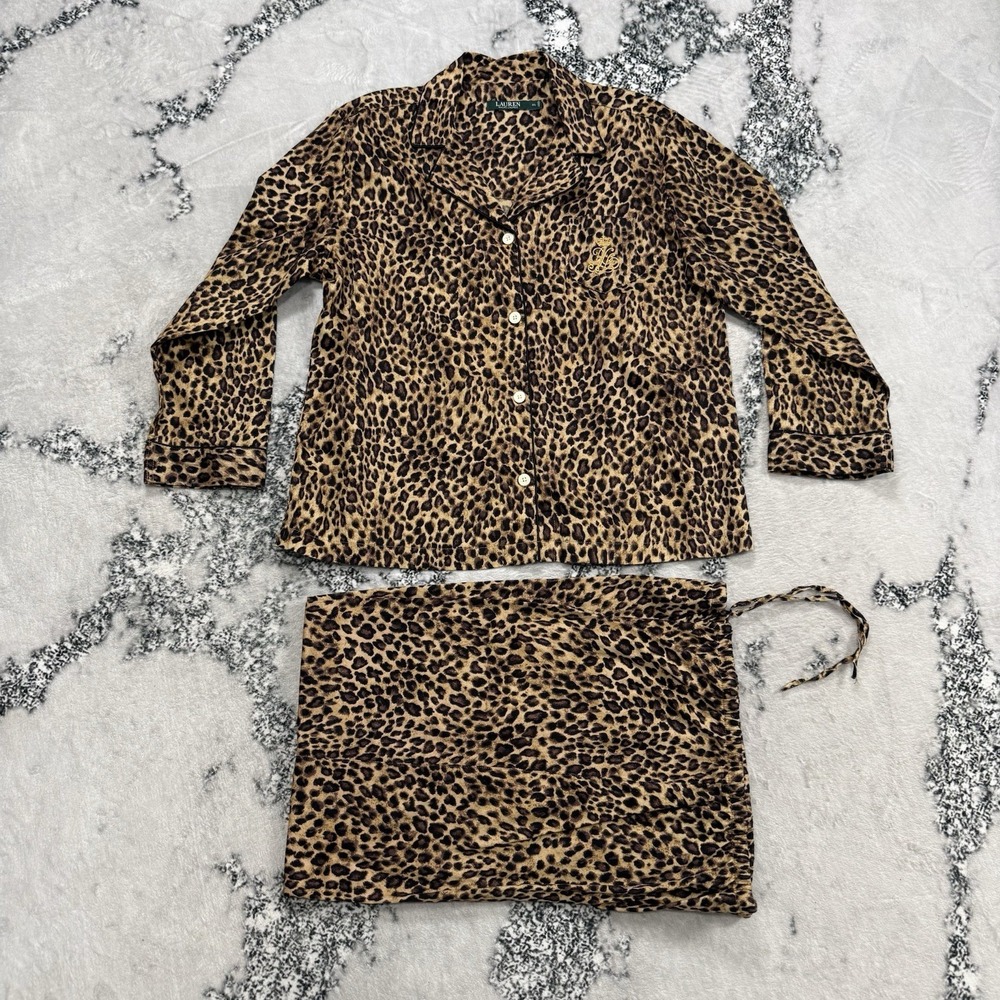 Lauren‎ Ralph Lauren Leopard Print Pajama Set Womens XL Cotton 2 Piece Sleepwear